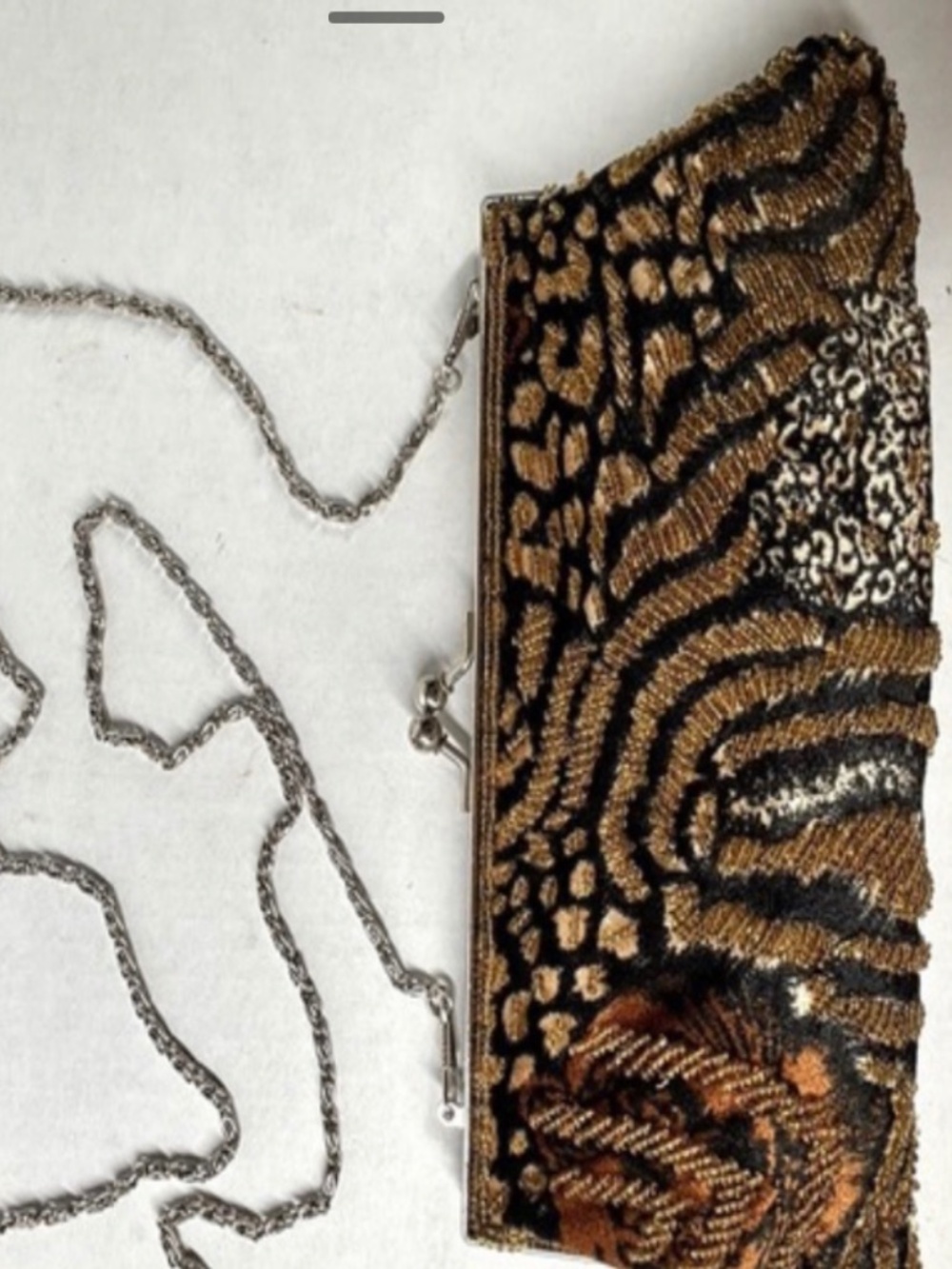 D'Margeaux Beaded Evening Clutch Leopard Velvet Lined w/ Chain